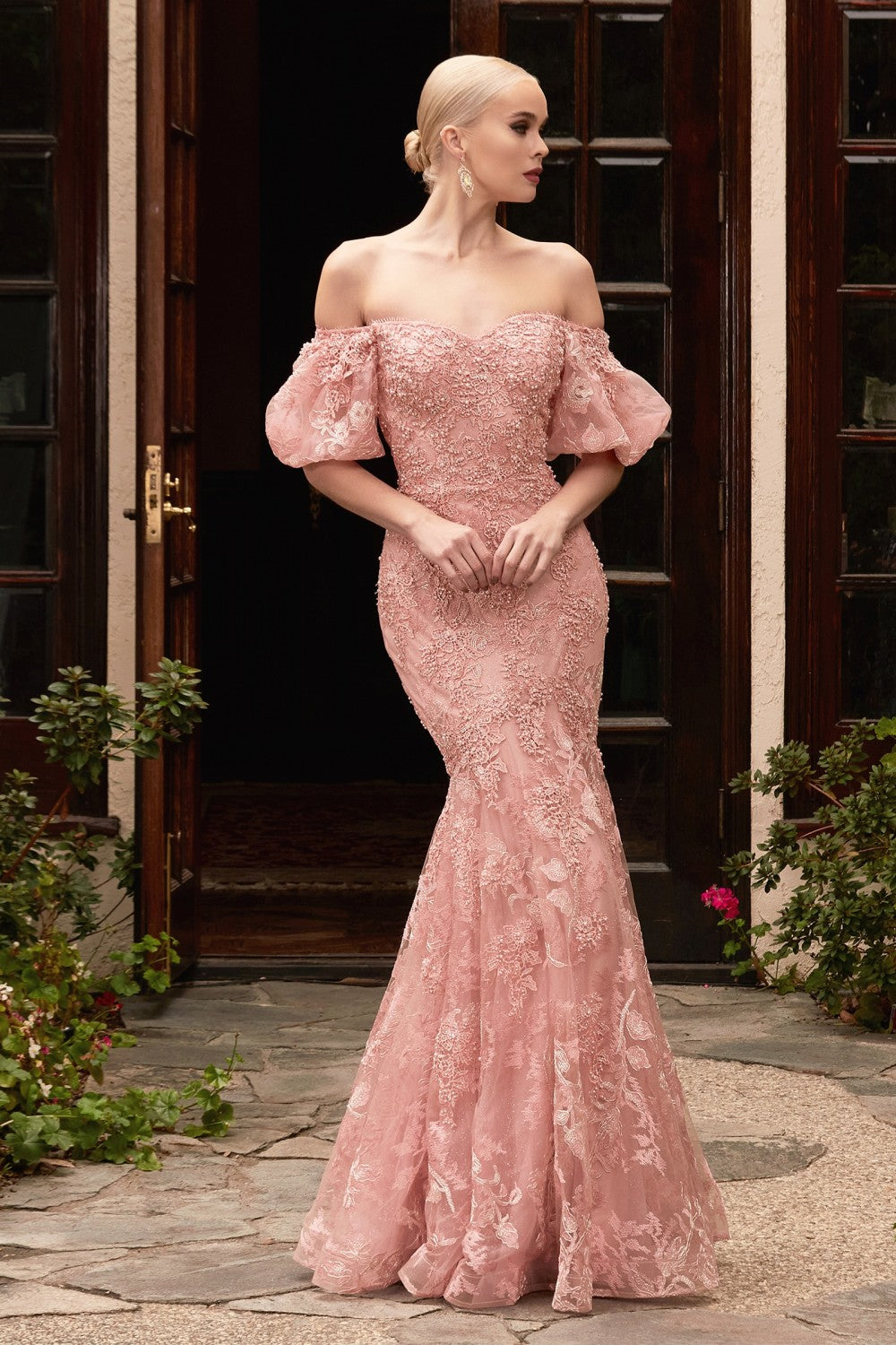 Dusty Rose Plunging Neck 3/4 Sleeves Slit A-line Prom Dress