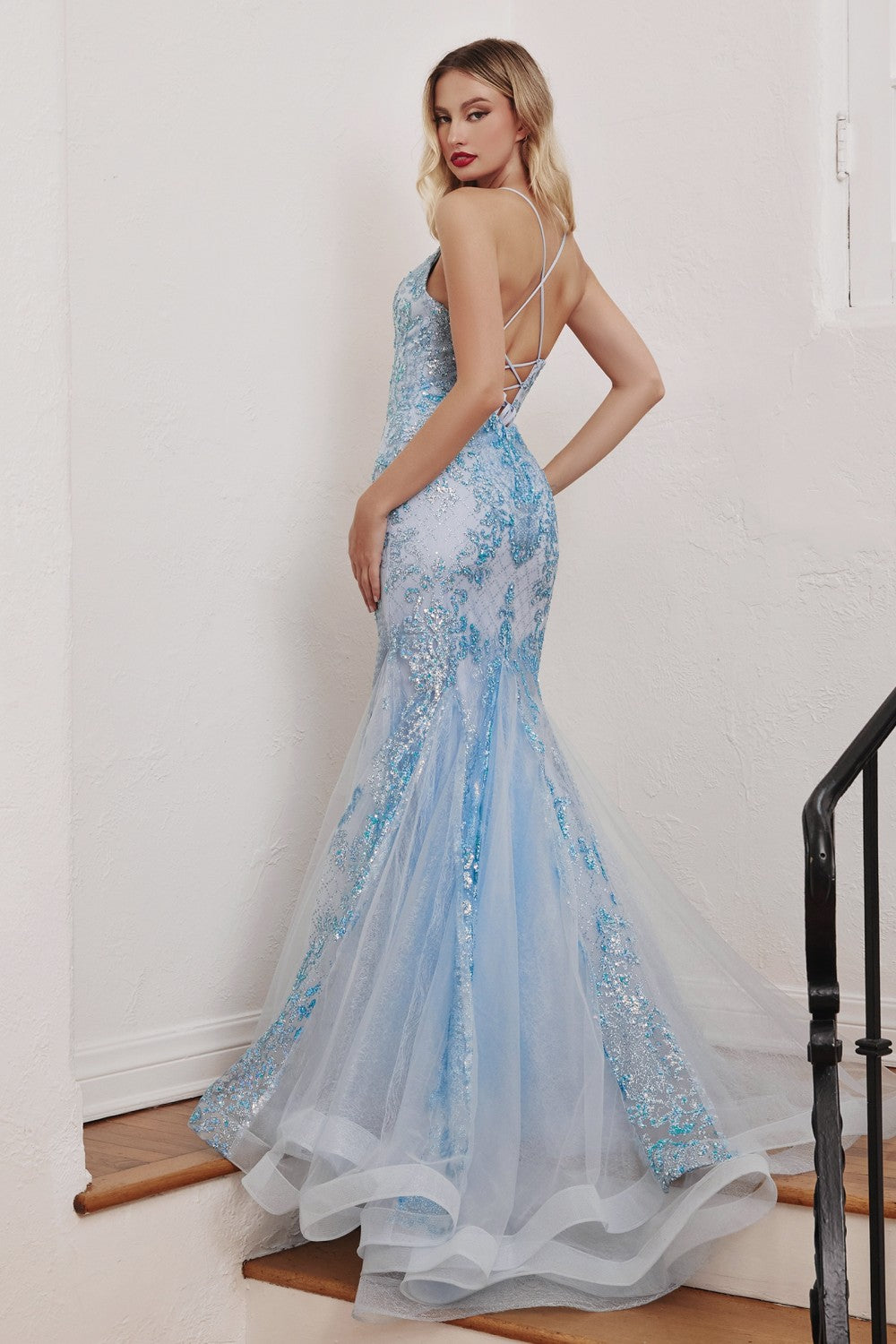 Rosita Glitter Print Mermaid Prom Dress 7402279TTR-Blue Cinderella Divine CC2279 LaDivine CC279