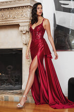 Load image into Gallery viewer, Starstruck Fitted Satin with Beaded Detail Prom Gown 740418ER-Burgundy