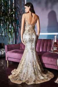 Shawna Prom Dress Mermaid with Corset look bodice 740810AR-Mist/gold LaDivine J810 Cinderella Divine J810