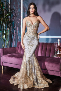 Shawna Prom Dress Mermaid with Corset look bodice 740810AR-Mist/gold LaDivine J810 Cinderella Divine J810