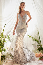 Load image into Gallery viewer, Starla Feather Accented Mermaid Prom Dress 6201116TAR-Silver Andrea &amp; Leo A1116