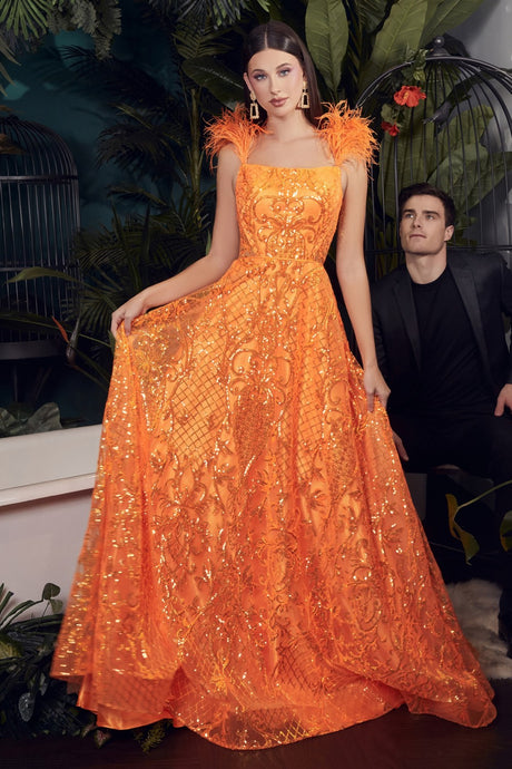 Suni Ball Gown with Feather Prom Dress 7401076TKR-NeonOrange