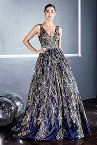 Tiana Prom Dress V Neck Ballgown 740812XR-NavyGold LaDivine J812 Cinderella Divine J812