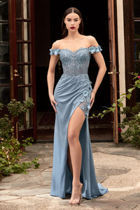 Covet Satin Off Shoulder Prom Dress 740186TRR-SmokeyBlue LaDivine CD0186 Cinderella Divine CD0186