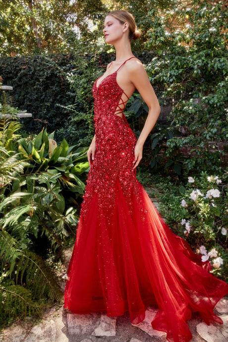 Emme Floral Mermaid Prom Dress 6201201HRR-Red Andrea & Leo A1201