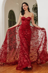 Eva Prom Gown Strapless Corset Bodice Tulle Skirt 74046TIR-Red LaDivine CB046 Cinderella Divine CB046